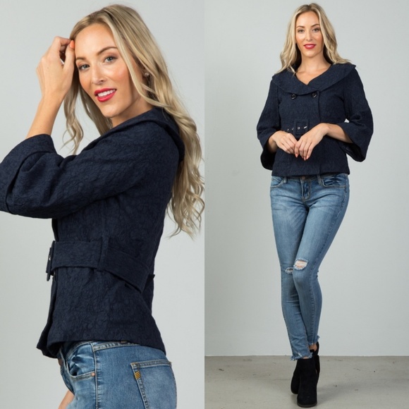 💙Navy Double Breasted Belted Lace Jacket - Picture 2 of 6